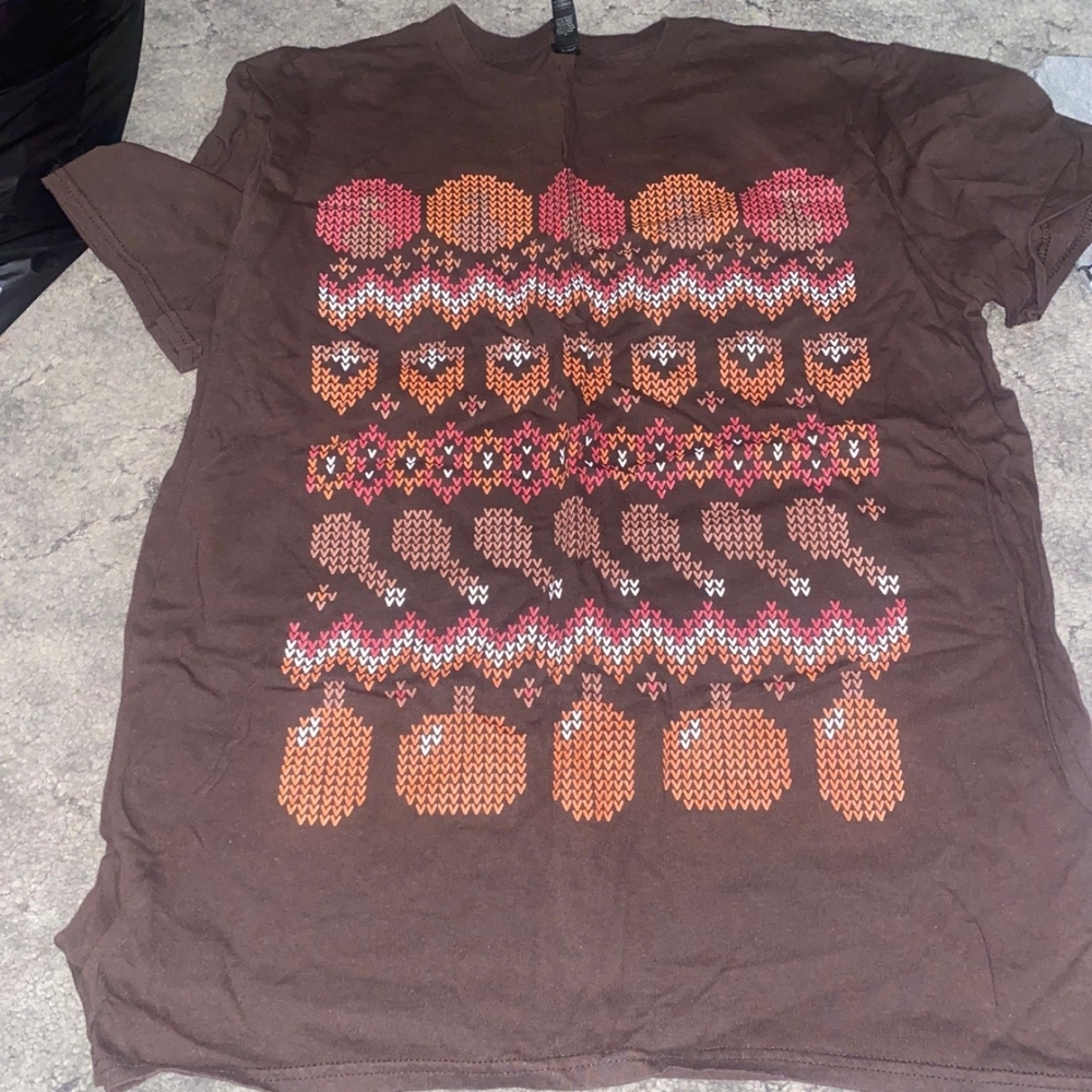 Brown T-Shirt with Pumpkin and Heart Pattern